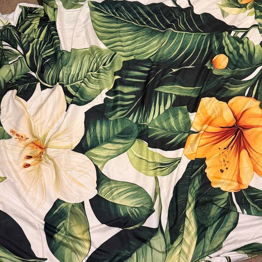 Tropical Hibiscus Floral Duvet Cover Queen 90x90 Green Orange White Botanical
